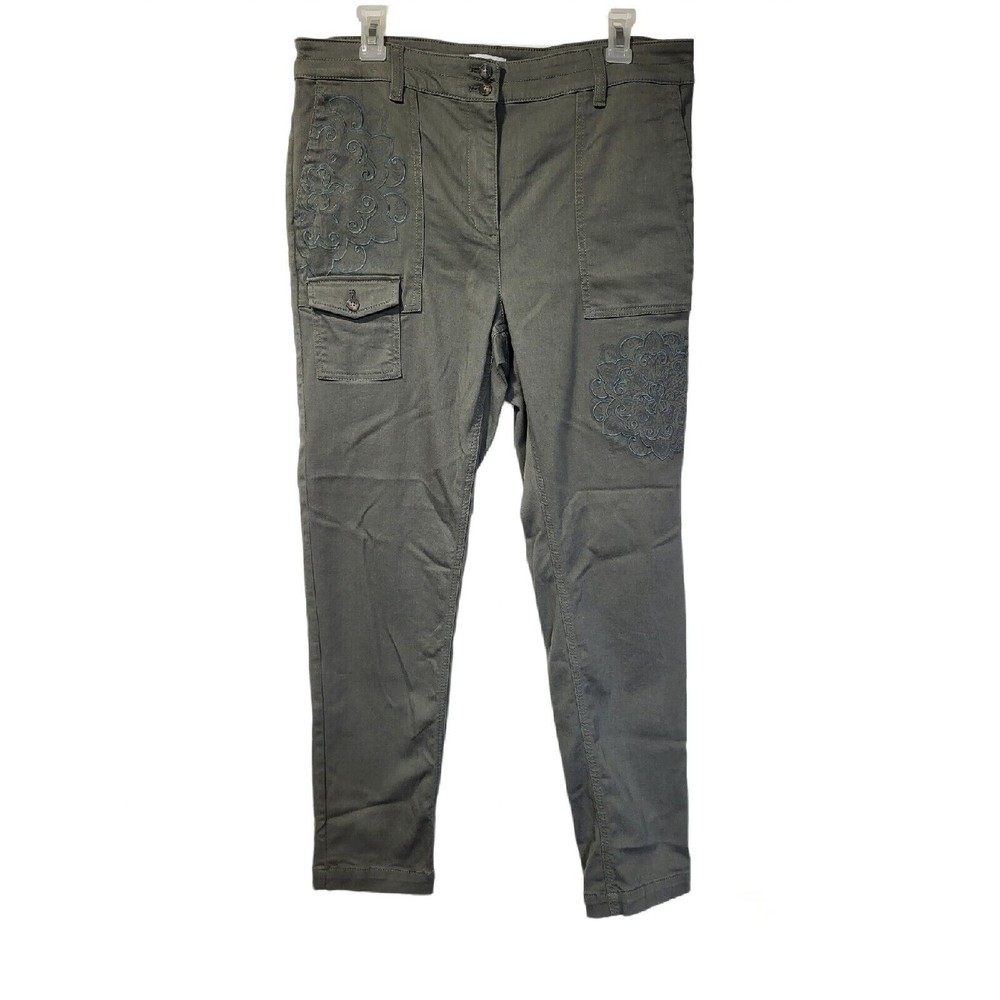 J Jill Olive Green Caraway Embroidered Mehndi Pocket Cargo Pants Boho Size 12